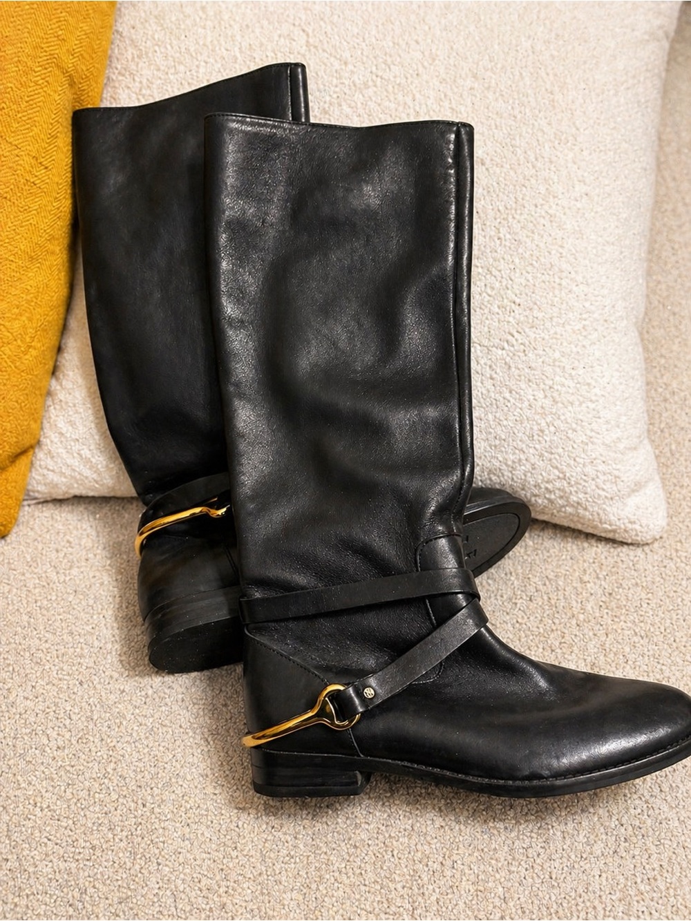 Ralph Lauren Jenny Black Leather Riding Boots with Gold Buckle